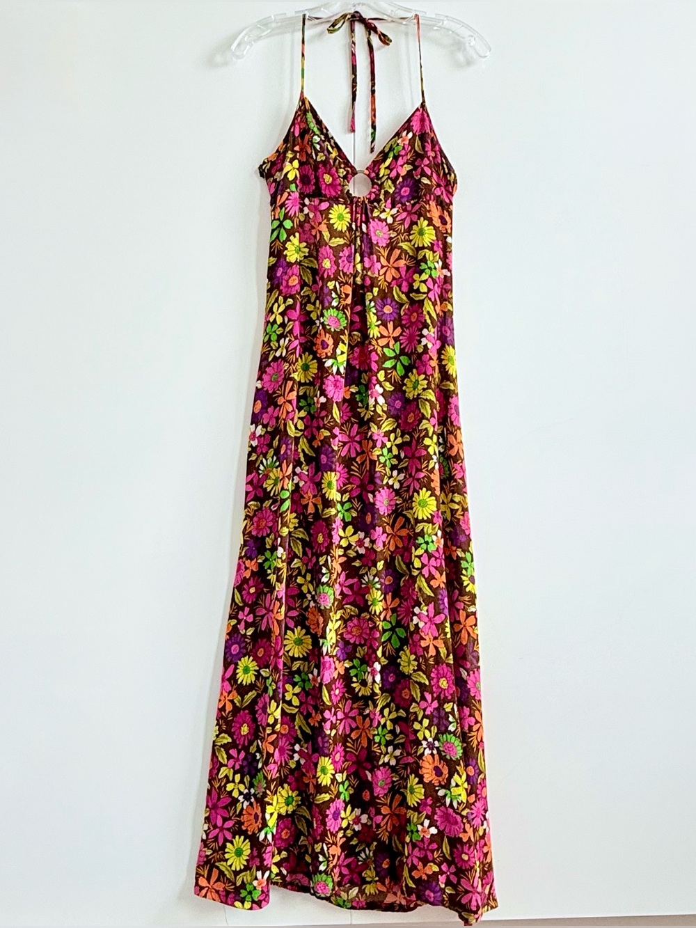 Free People Vibrant Floral Halter O-Ring Maxi Dress Size 2 EUC